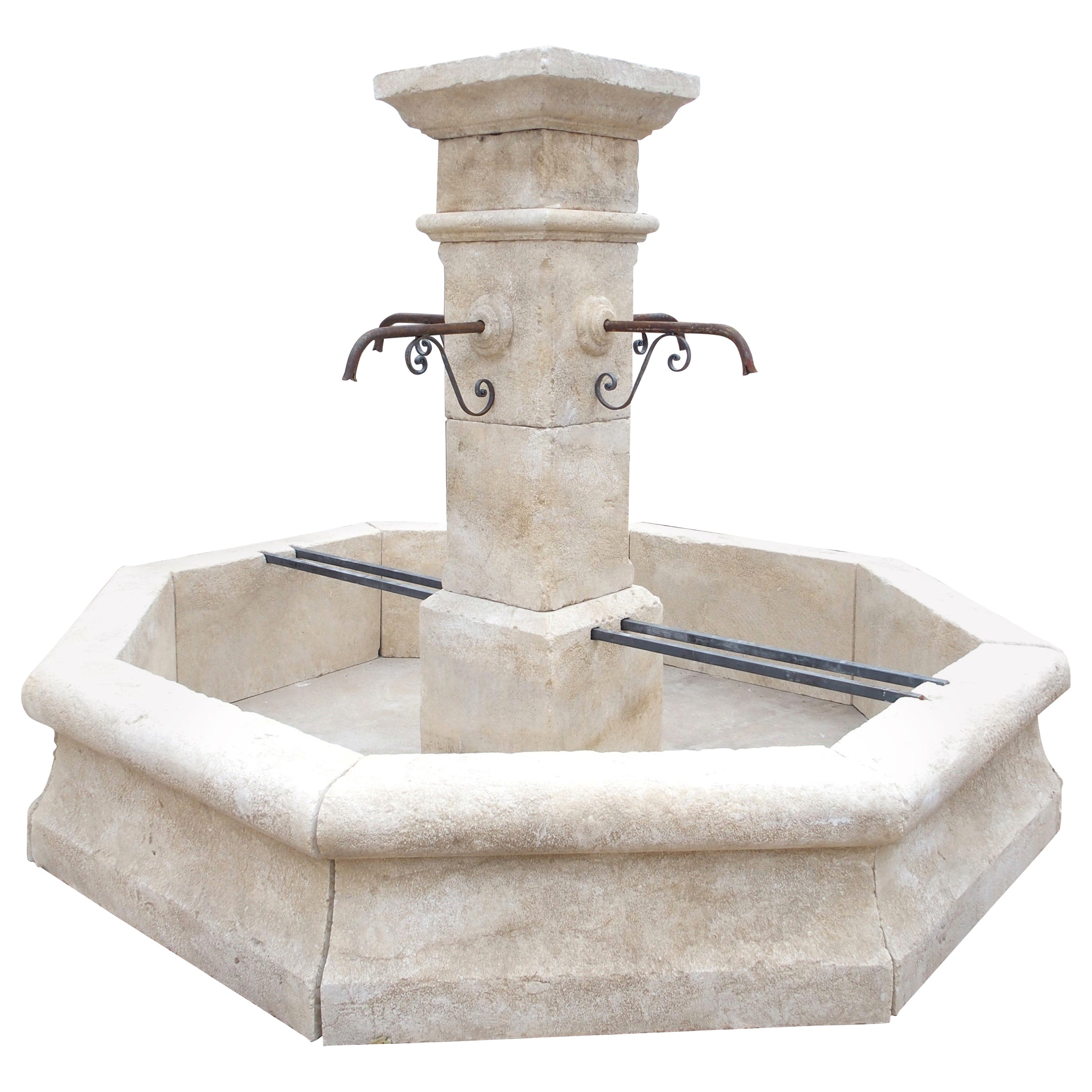 Large Carved Limestone 4-Spout Center Village Fountain from Provence, France For Sale