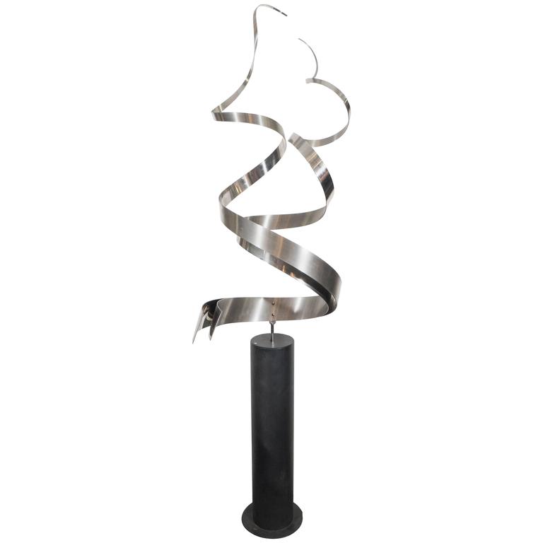 Large Curtis Jere Steel Ribbon Sculpture on Wrought Iron Base, Signed