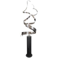 Large Curtis Jere Steel Ribbon Sculpture on Wrought Iron Base, Signed and Dated 2