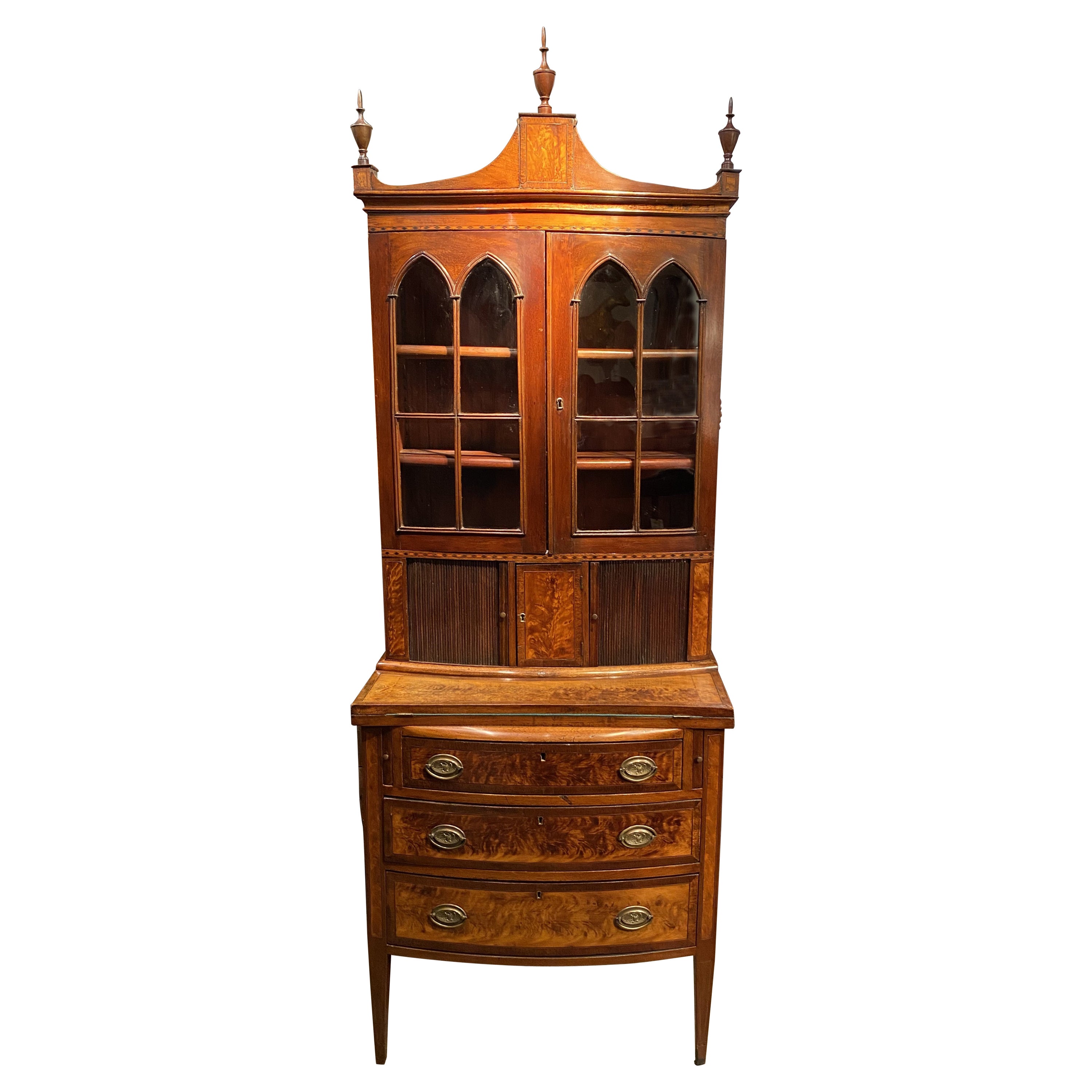 Federal Style Diminutive Two Part Inlaid Mahogany Bookcase Secretary For Sale