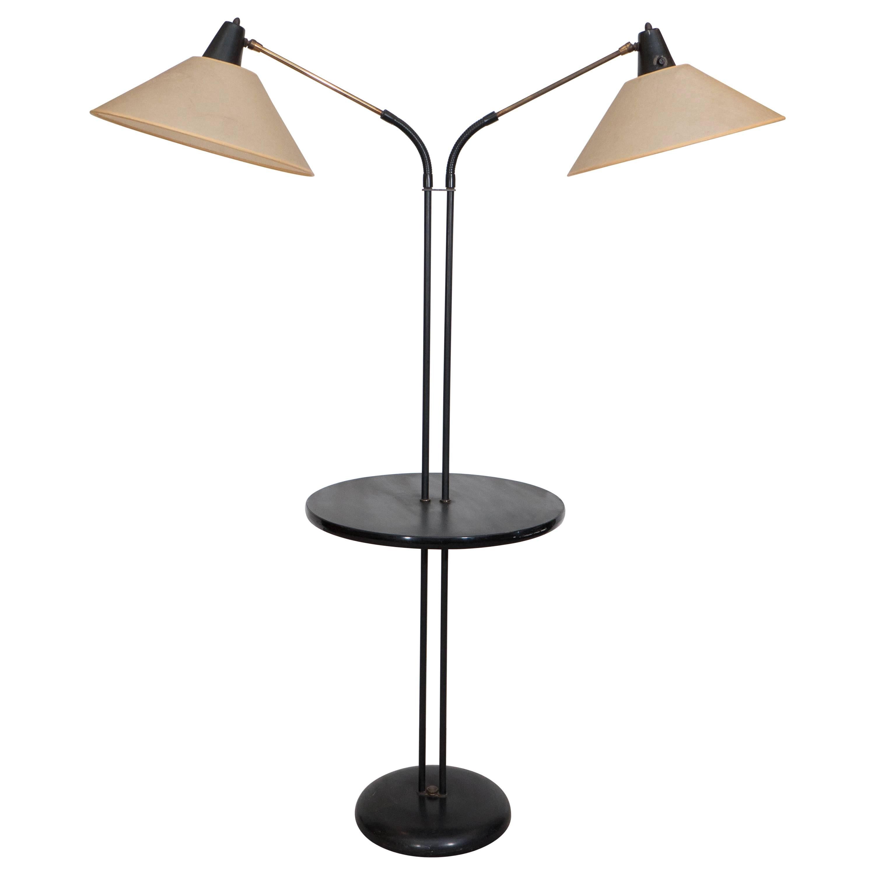 Midcentury Dual Light Gooseneck Floor Lamp with Table