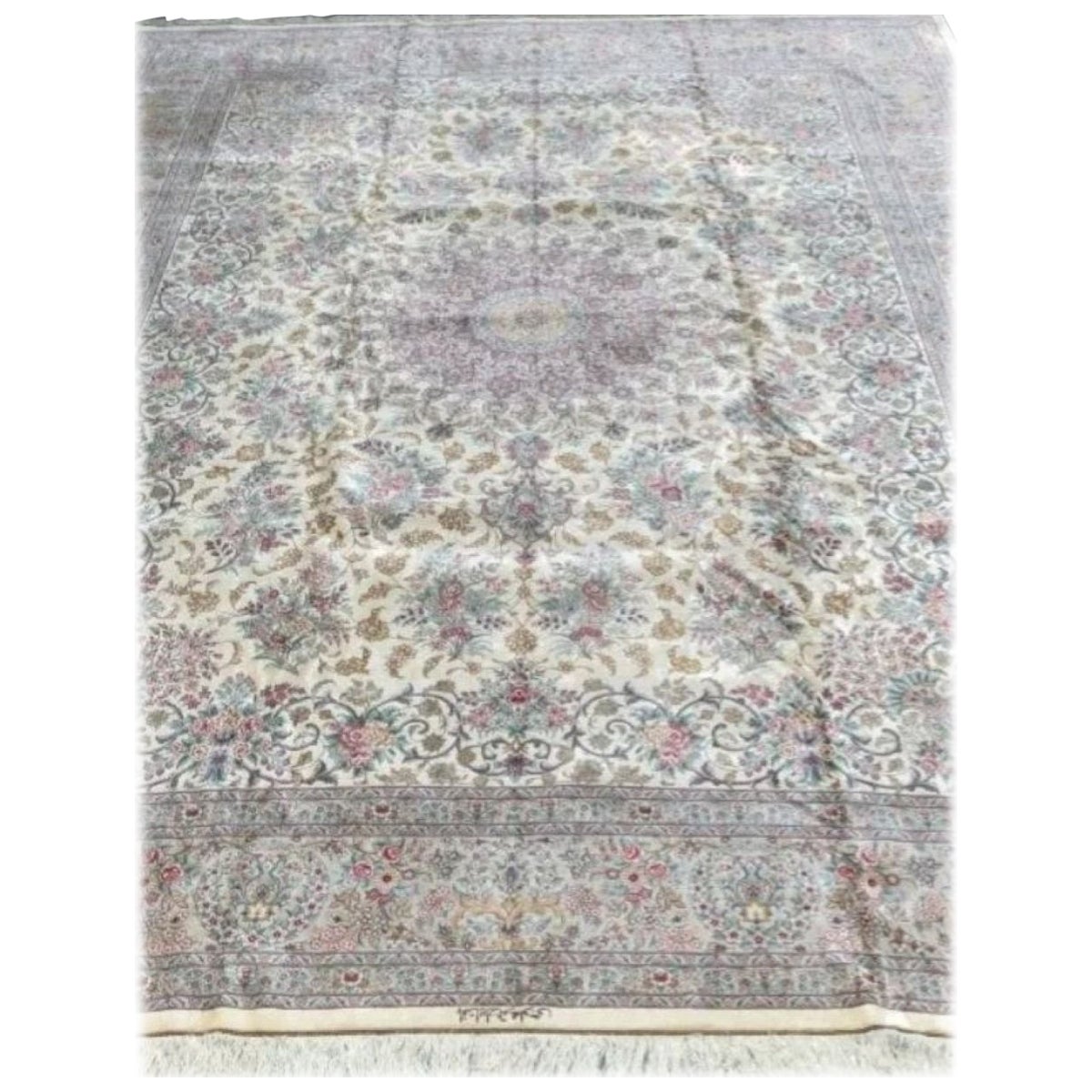 Magnificent Persian pure silk Qum with silk foundation. This rug has approximately 700 knots per sq inch with a total of 16,000,000 knots tied by hand one by one. It took 9 years to complete this beautiful piece of art. It is signed by Mahloojie.