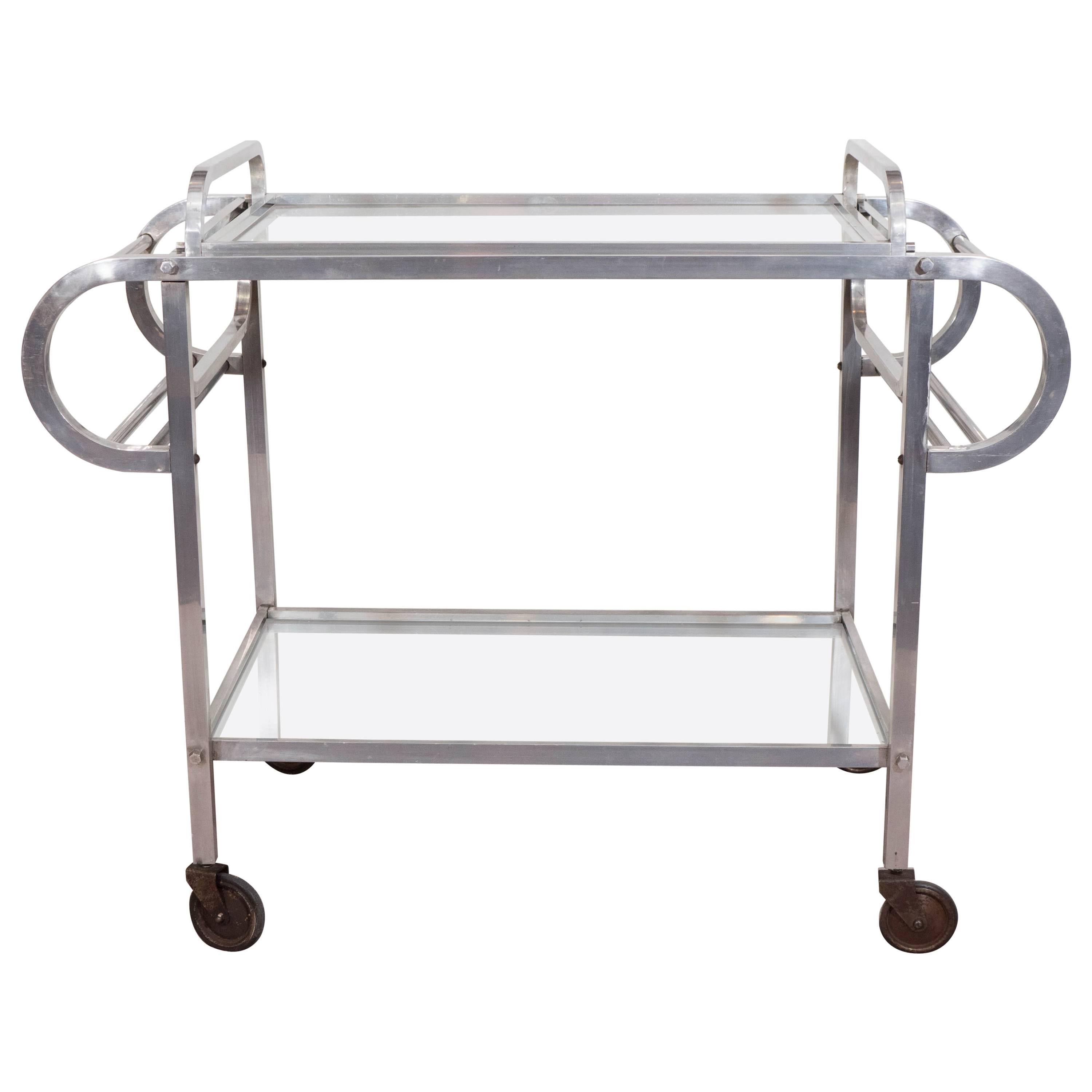 French 1930s Rolling Bar Cart & Tray in Aluminum with Mirrored Tops