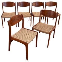 Scandinavian Modern Teak And Rope Weave Dining Chairs 