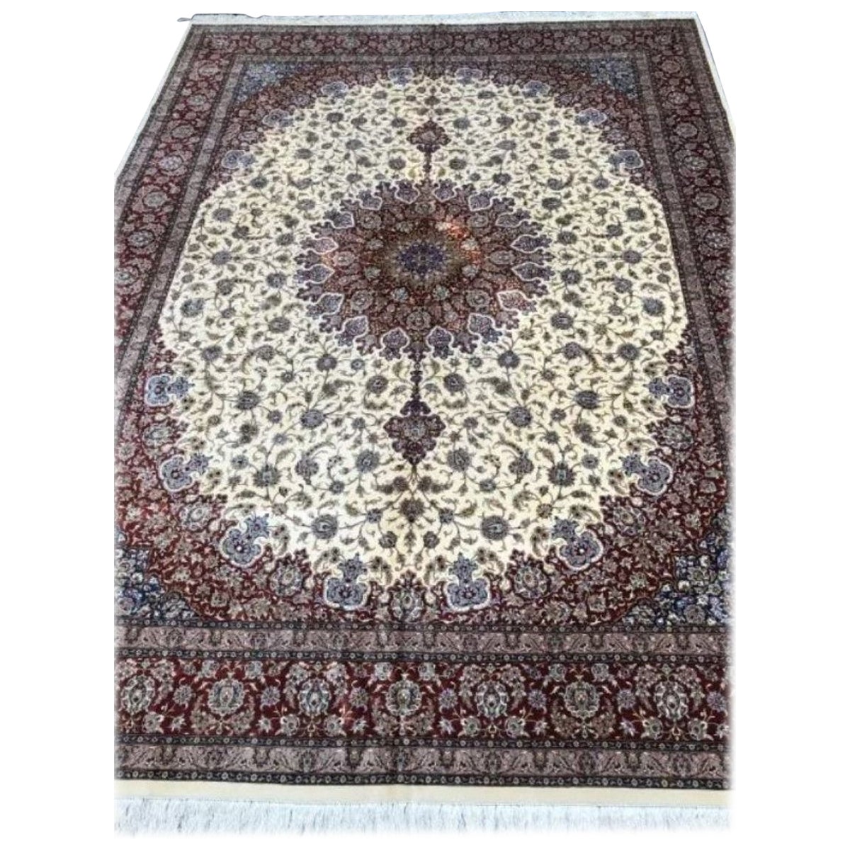 Magnificent Persian pure silk Qum with silk foundation. This rug has approximately 700 knots per sq inch with a total of 13,000,000 knots tied by hand one by one. It took 7 years to complete this beautiful piece of art.