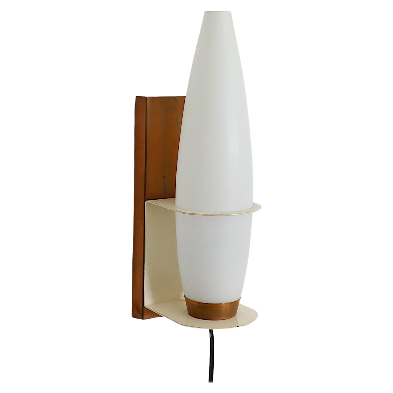 Mid-Century Philips Opaline Milk Glass, Copper and Teak Wall Sconce