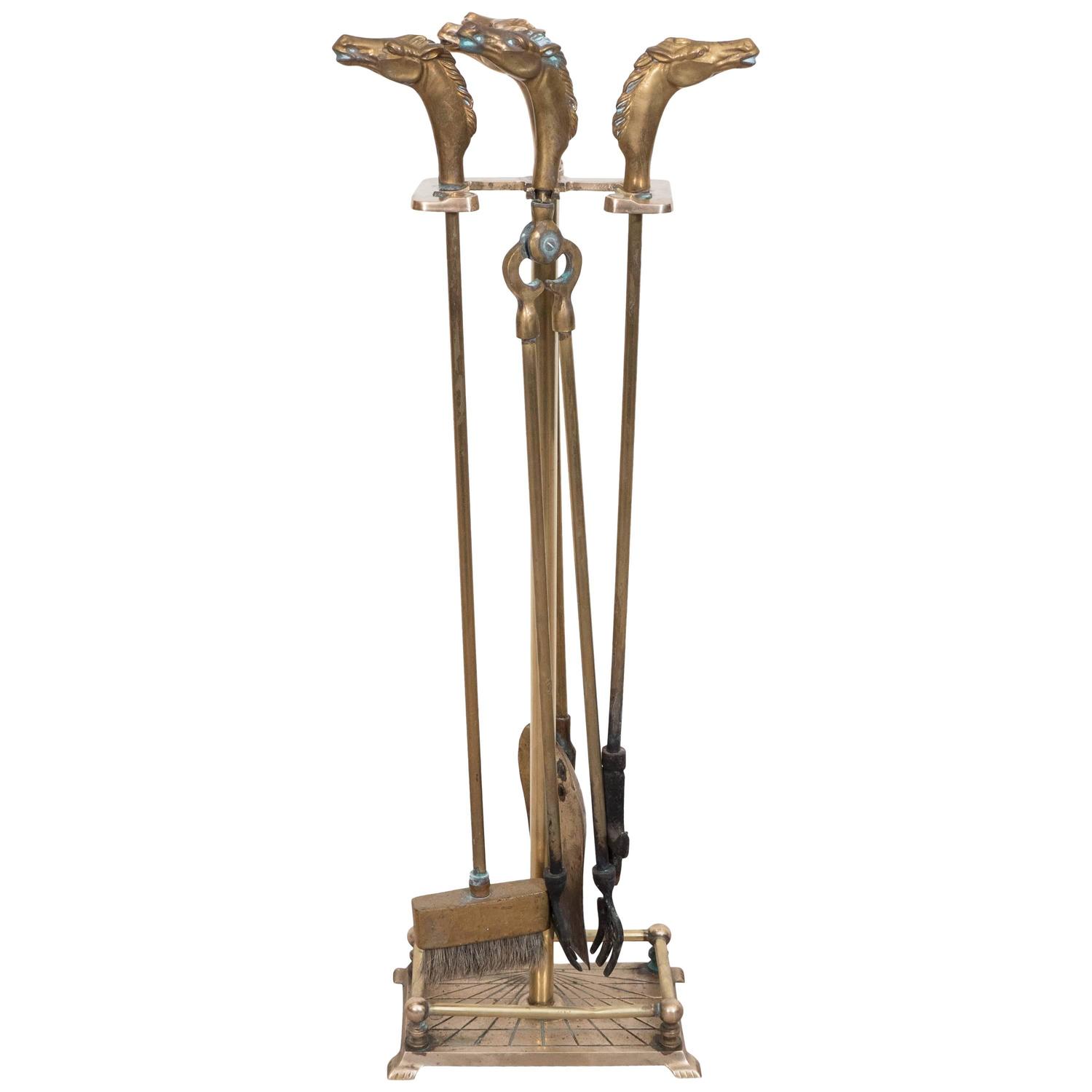 Set of 1950s Brass Fireplace Tools with Horse Head Motif For Sale at
