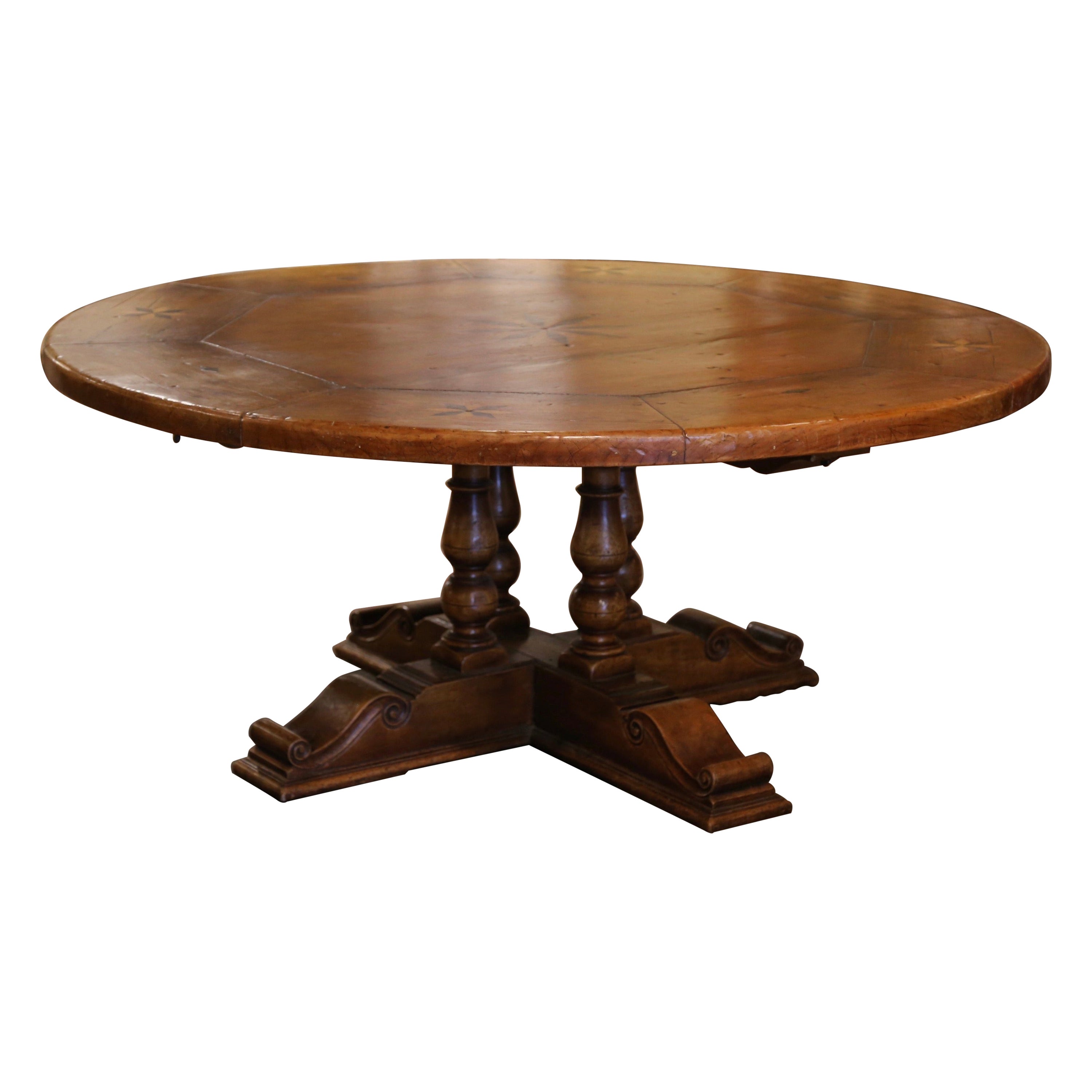 Mid-Century French Carved Walnut Pedestal Round Dining Table with Parquetry Top For Sale