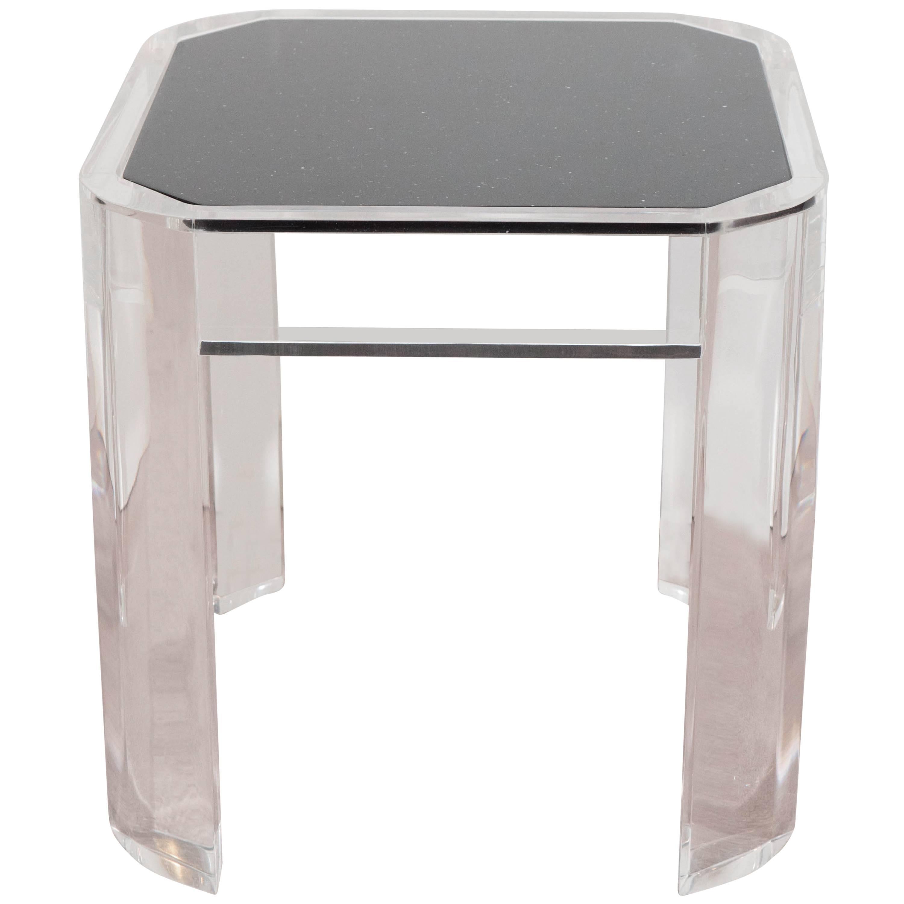 Karl Springer Style Lucite Side Table with Black Faux Granite Top