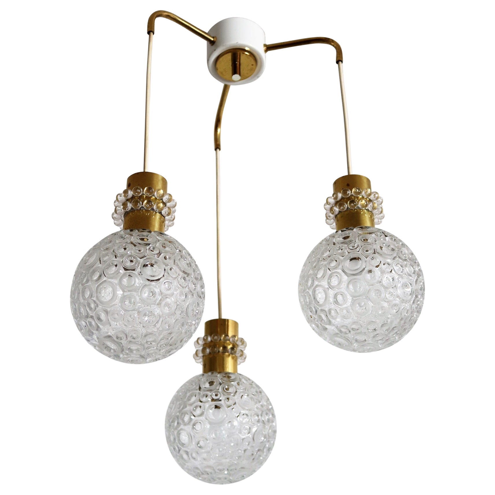 Midcentury Cascade Ceiling Lamp with 3 Glass Pendents in Emil Stejnar Style For Sale