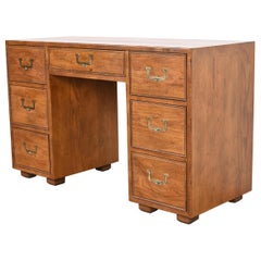 Henredon Mid-Century Modern Campaign Oak Double Pedestal Kneehole Desk, 1970s