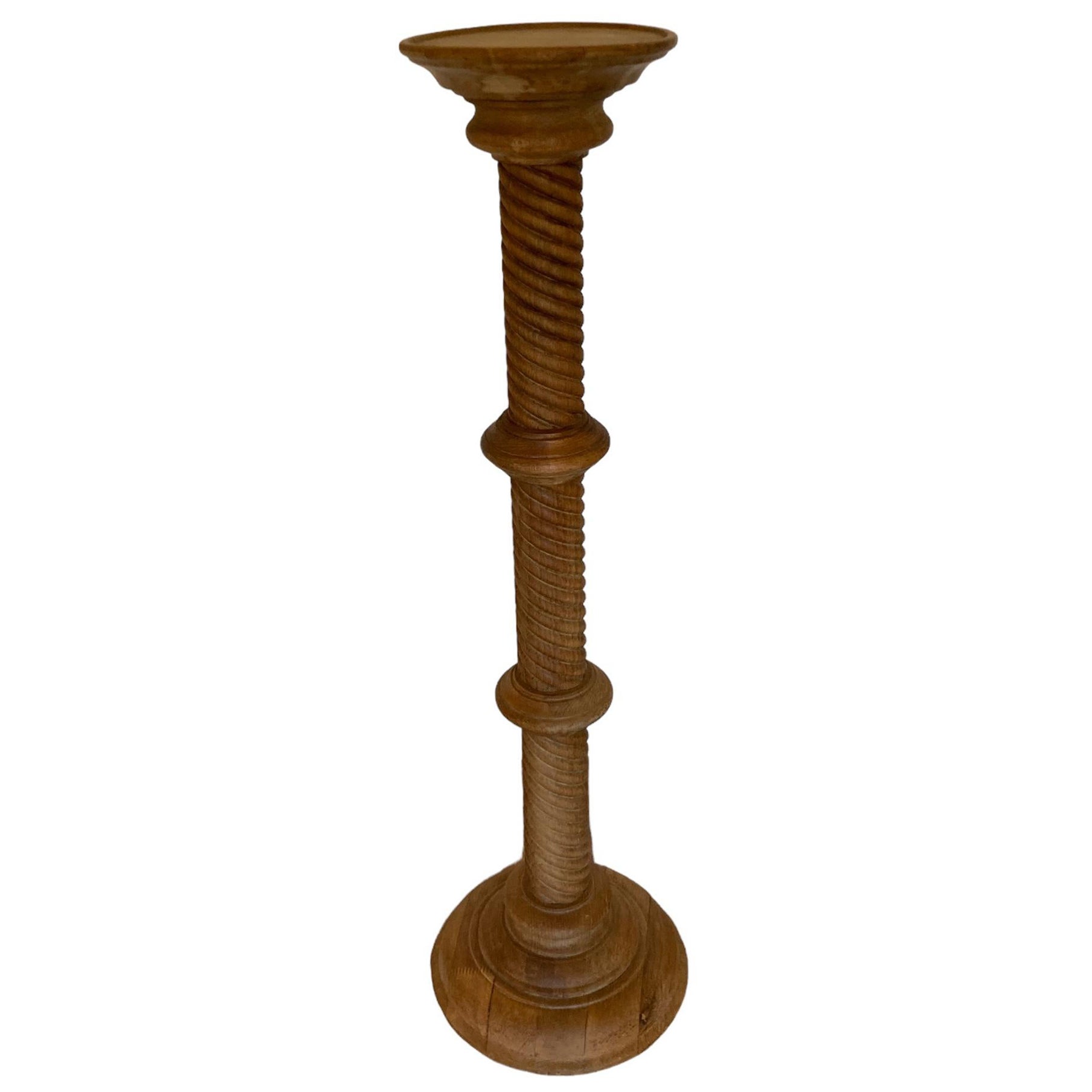 19th Century Carved Light Oak Pedestal Torchere with a captivating barley twist 