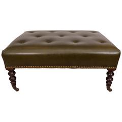 Mid-Century George Smith Signature Ottoman in Green Tufted Leather and Mahogany