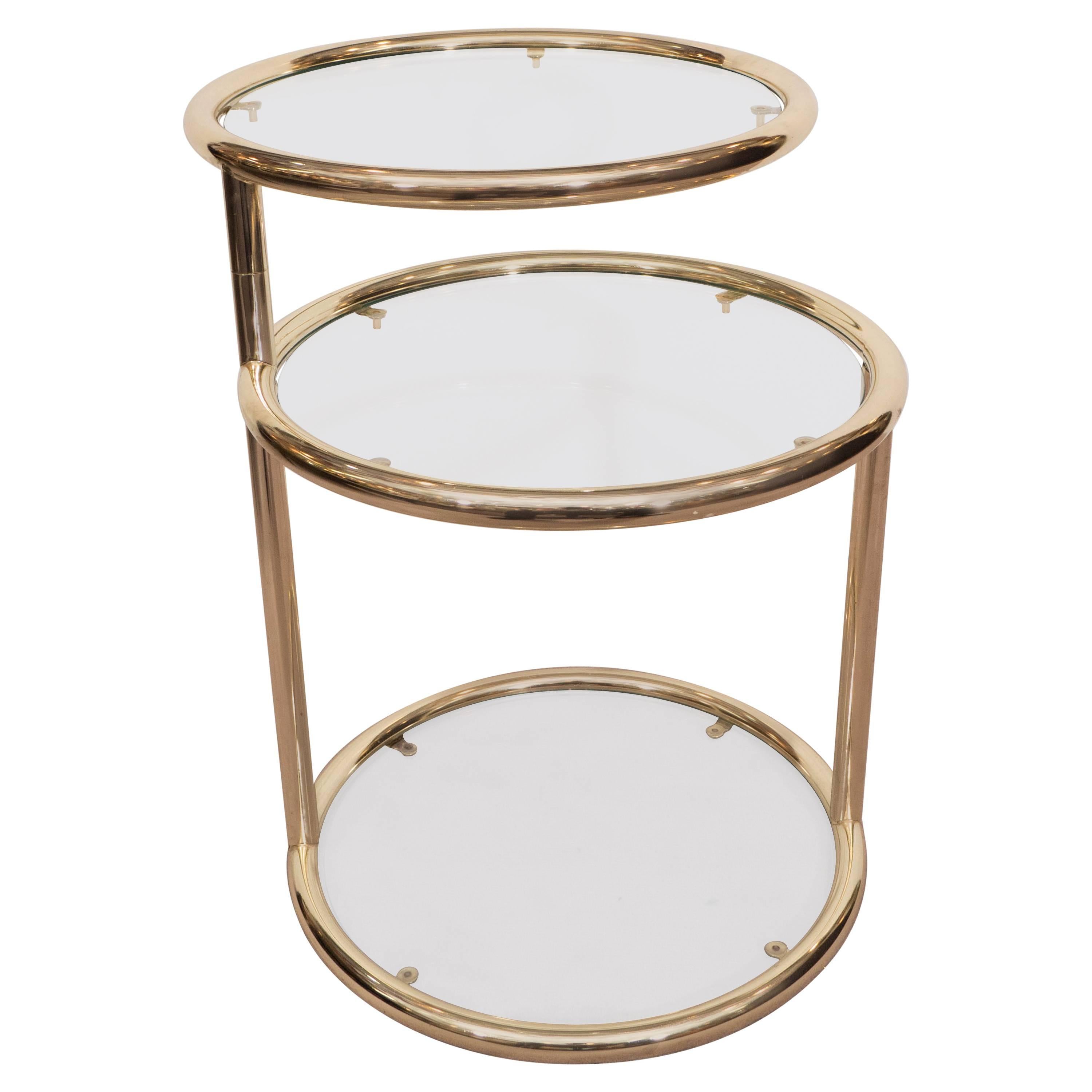 Round Three-Tier Brass Swivel Table in the Style of Milo Baughman