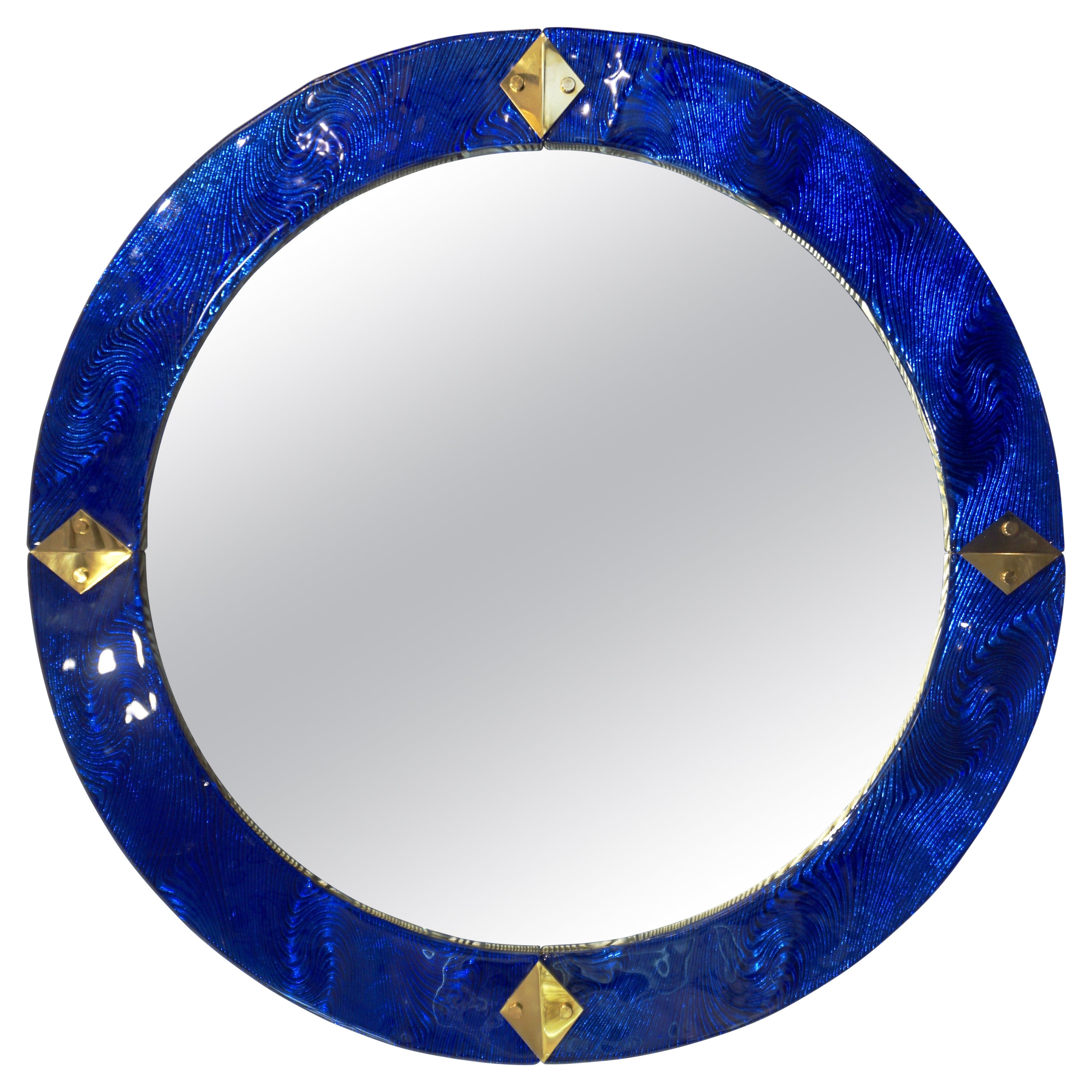 Bespoke Italian Custom Brass and Textured Cobalt Blue Murano Glass Round Mirror For Sale