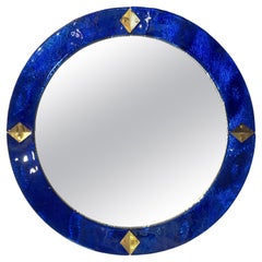Bespoke Italian Custom Brass and Textured Cobalt Blue Murano Glass Round Mirror