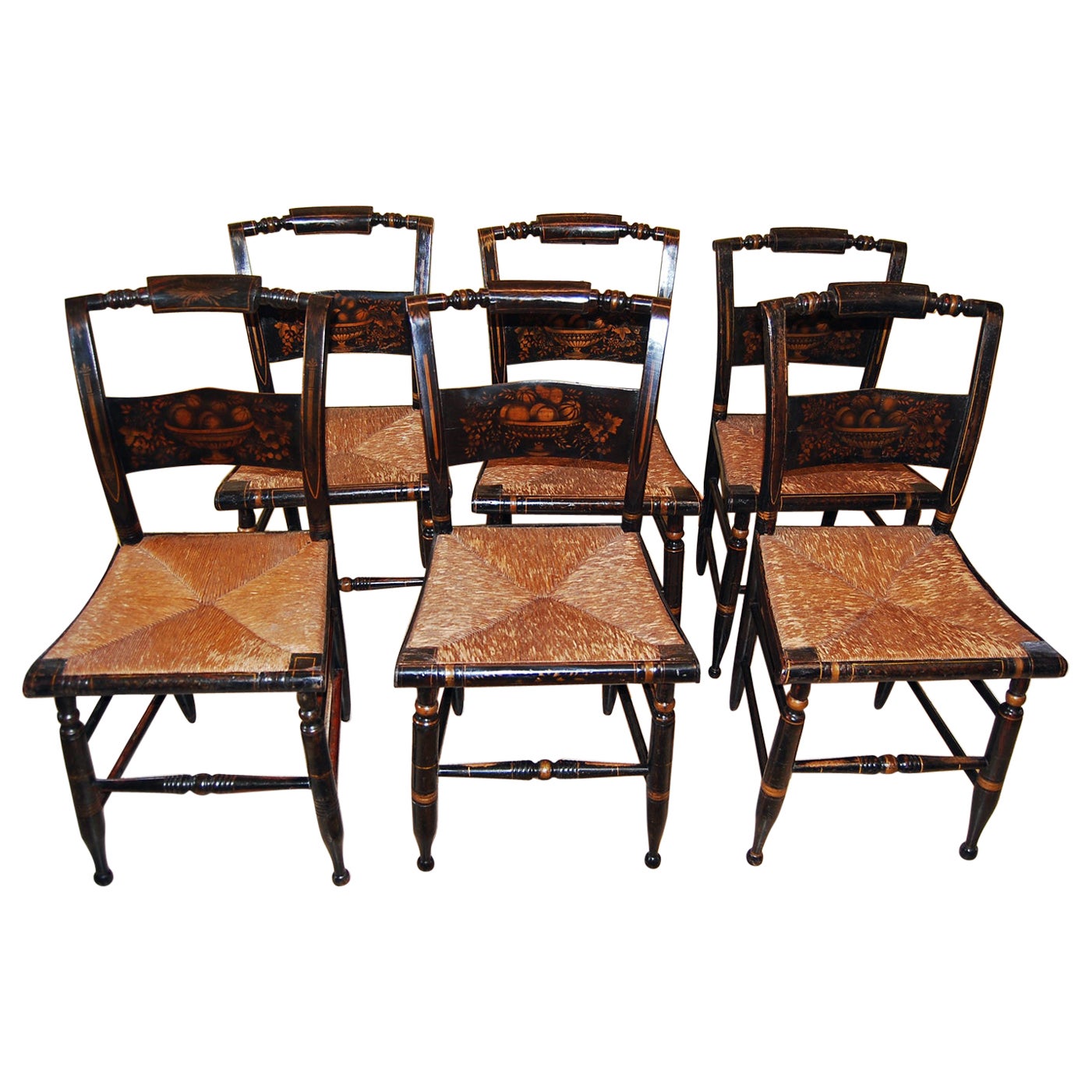 American Early 19th Century Set of Six Hitchcock Type Chairs Original Decoration