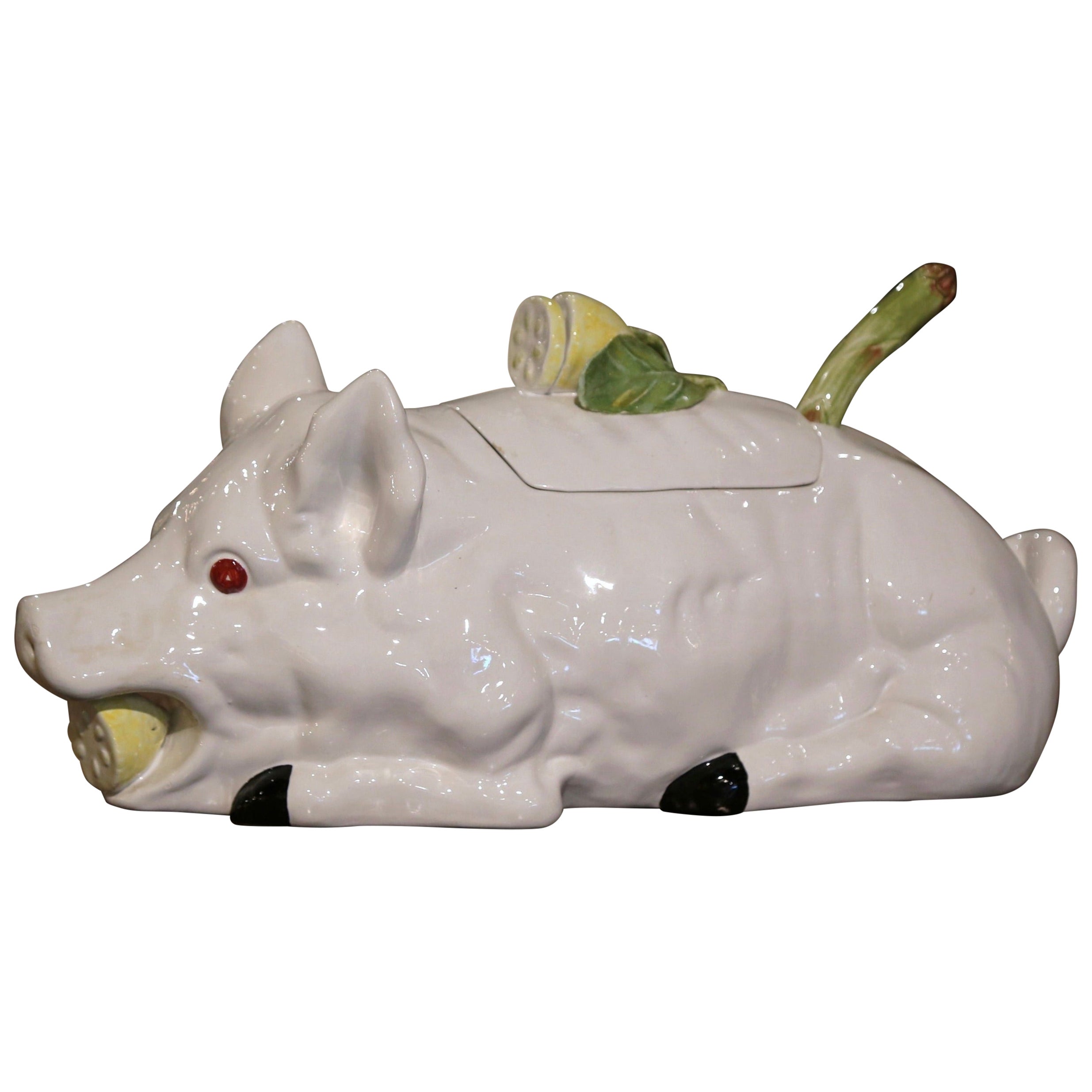 Vintage Italian Majolica Porcelain Pig-Form Soup Tureen with Lid and Ladle For Sale
