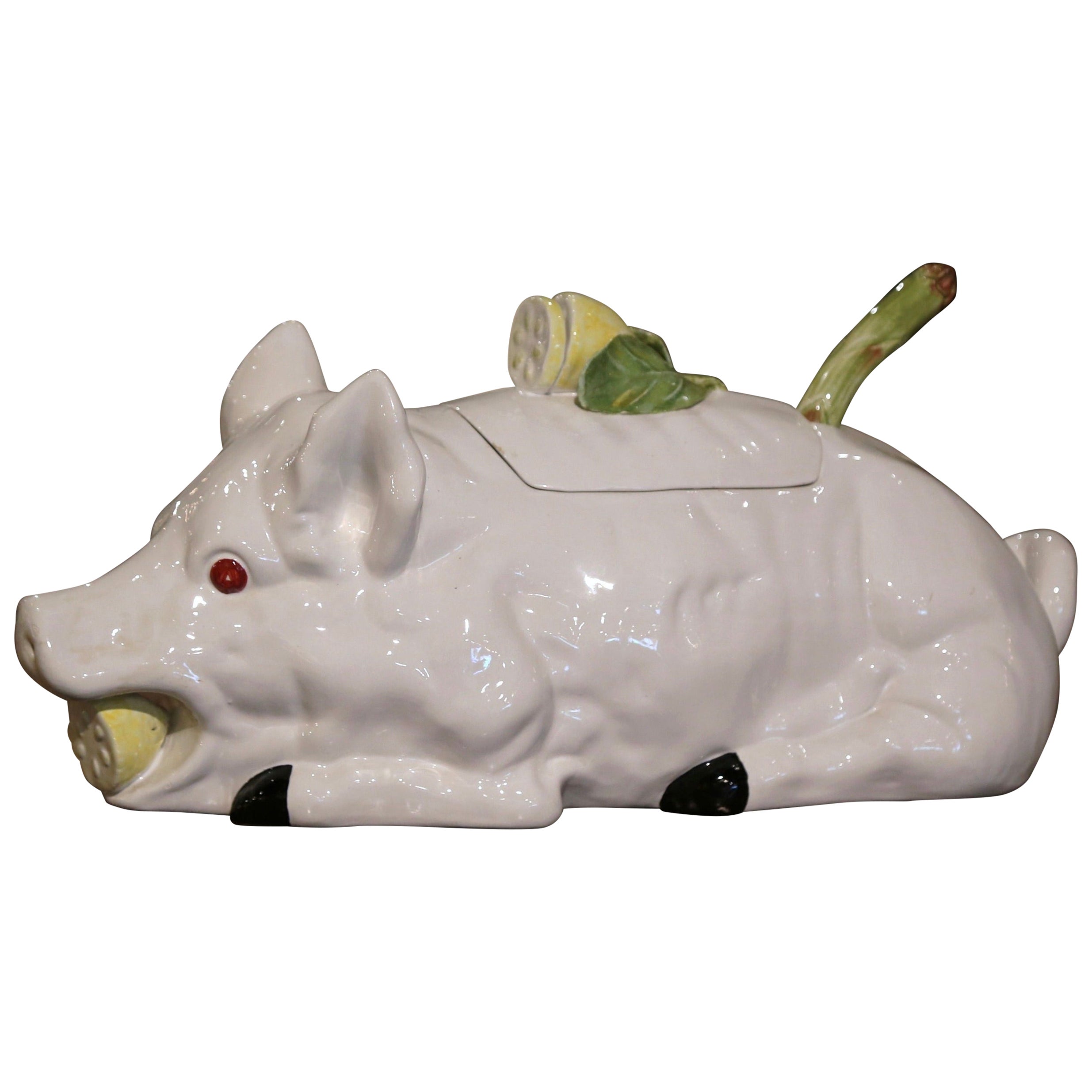 Vintage Sopera de Porcelana Italiana de Mayólica con Forma de Cerdo, Tapa y Cacillo