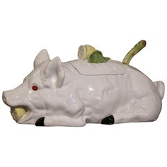 Antique Italian Majolica Porcelain Pig-Form Soup Tureen with Lid and Ladle
