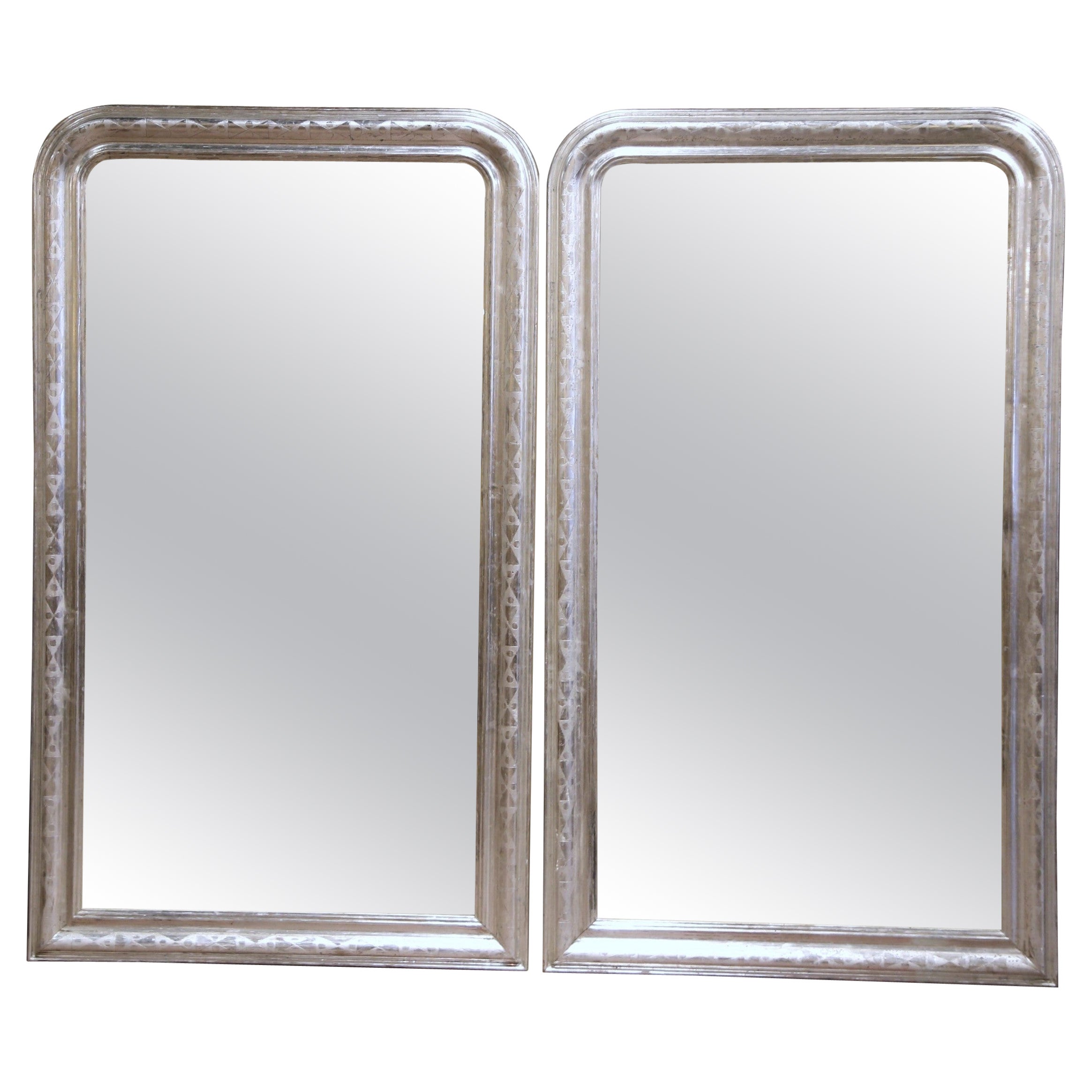 Pair of Mid-Century French Louis Philippe Silver Leaf Wall Mirrors  For Sale