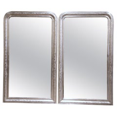 Retro Pair of Mid-Century French Louis Philippe Silver Leaf Wall Mirrors 