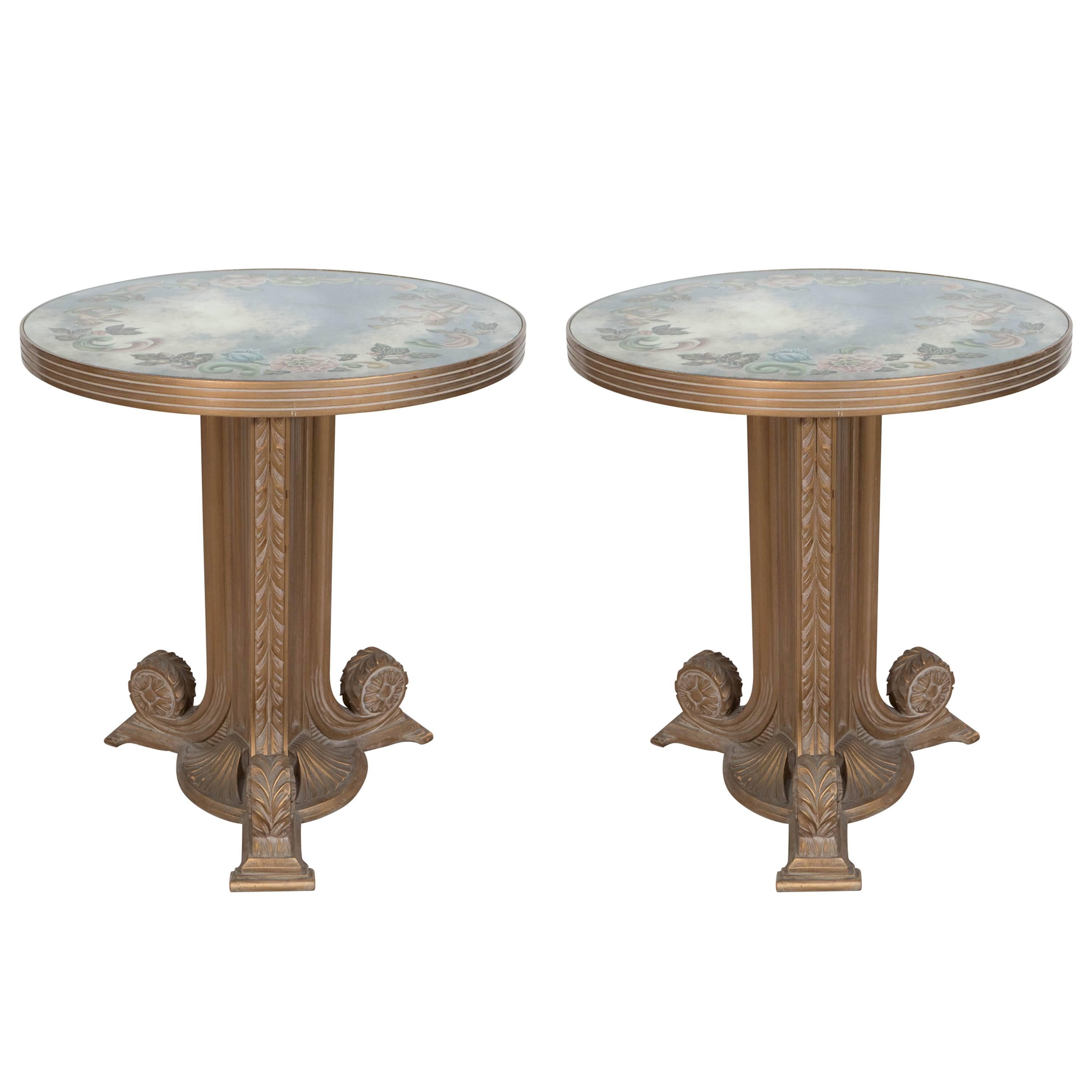 Pair of Grosfeld House Gueridon Tables with Reverse Painted Mirrored Tops
