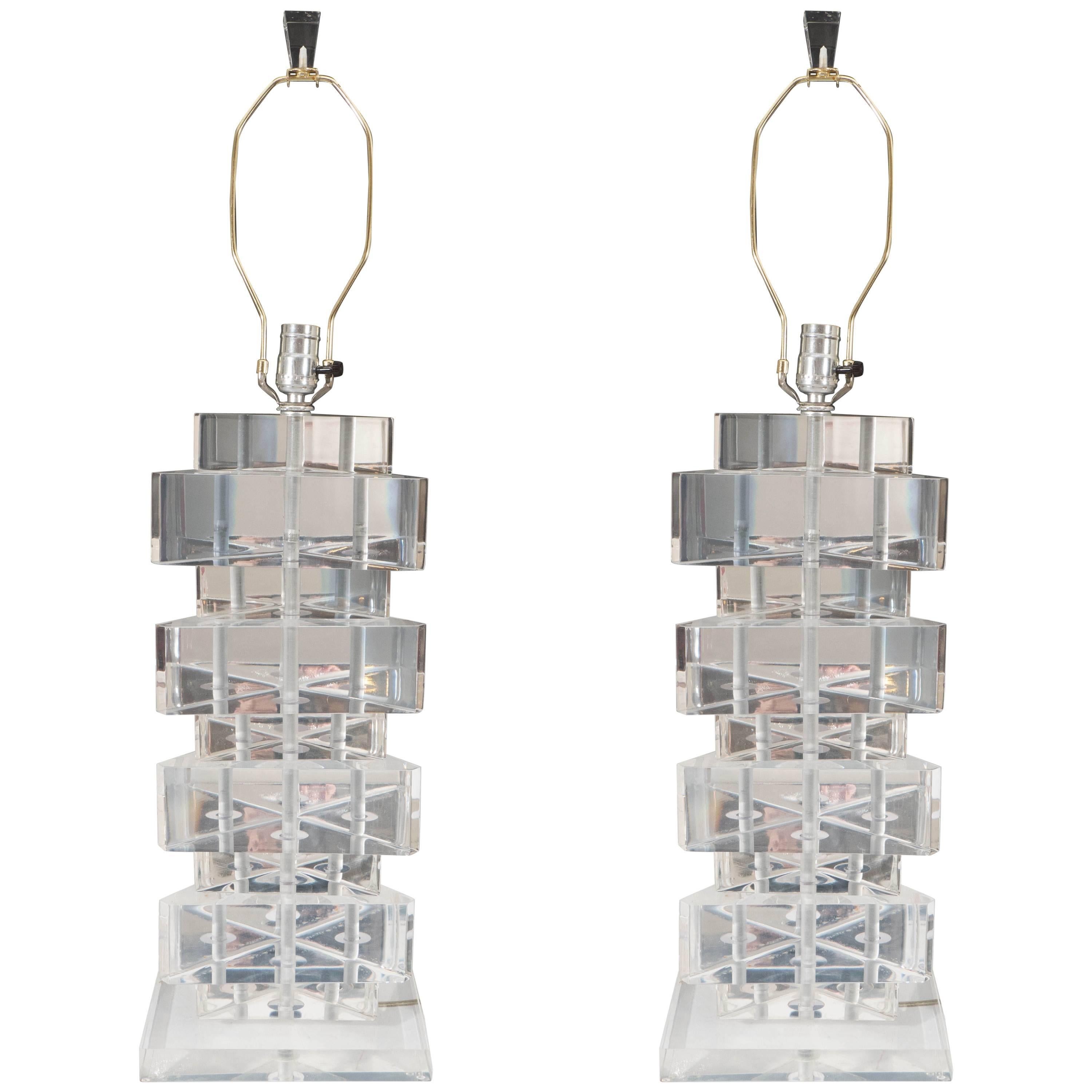 Pair of Stacked Triangular Lucite Table Lamps For Sale