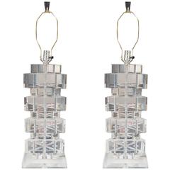 Pair of Stacked Triangular Lucite Table Lamps 4