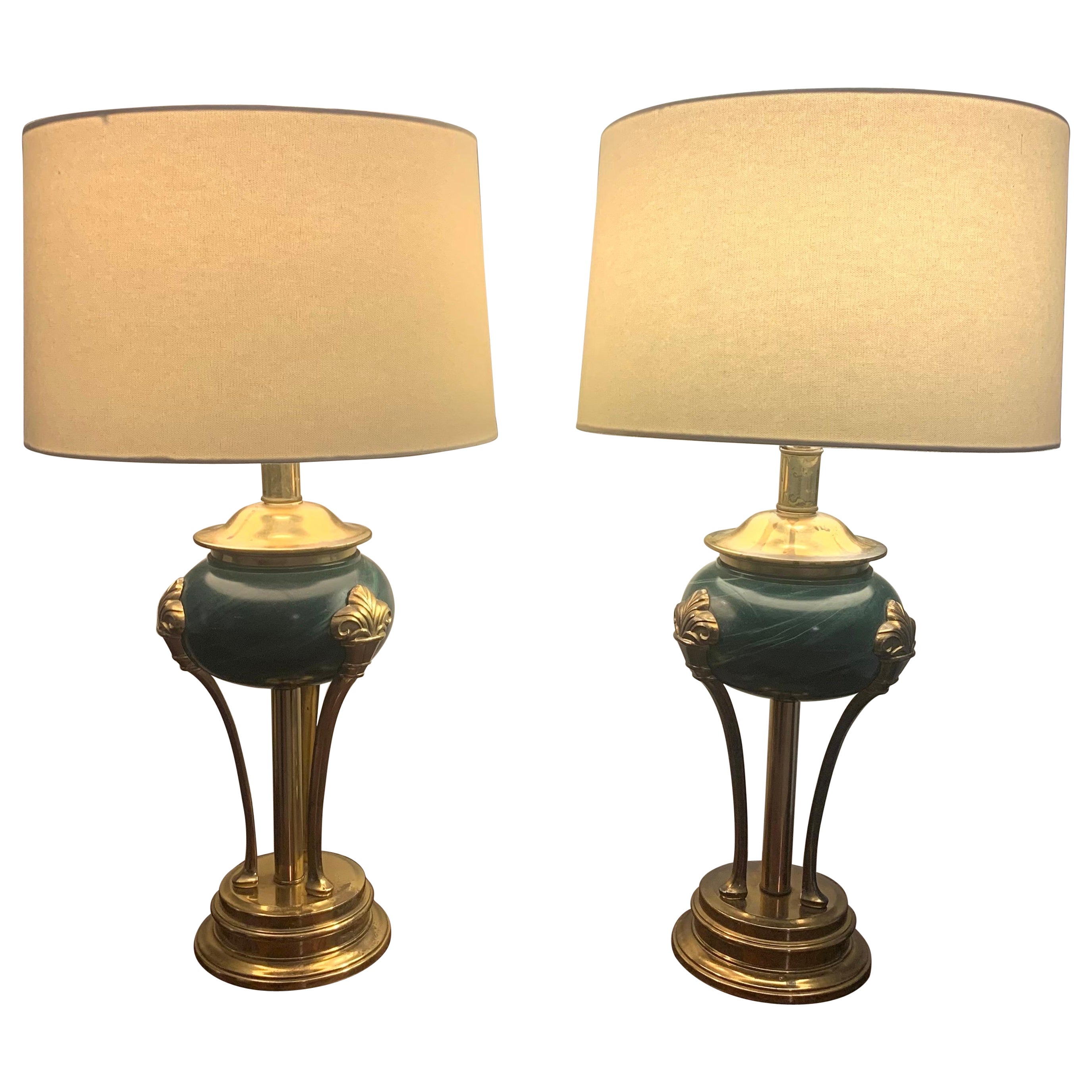 20th Century Empire Neoclassical Style Table Lamps in Green Stone and Brass For Sale