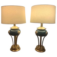 20th Century Empire Neoclassical Style Table Lamps in Green Stone and Brass