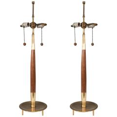 Vintage Pair of Stiffel Teak Lamps on Raised Brass Bases