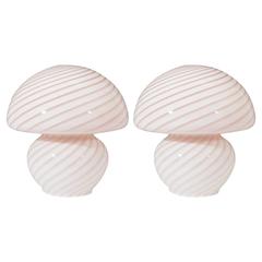 Vintage Pair of Vistosi Murano Glass Swirled Mushroom Table Lamps