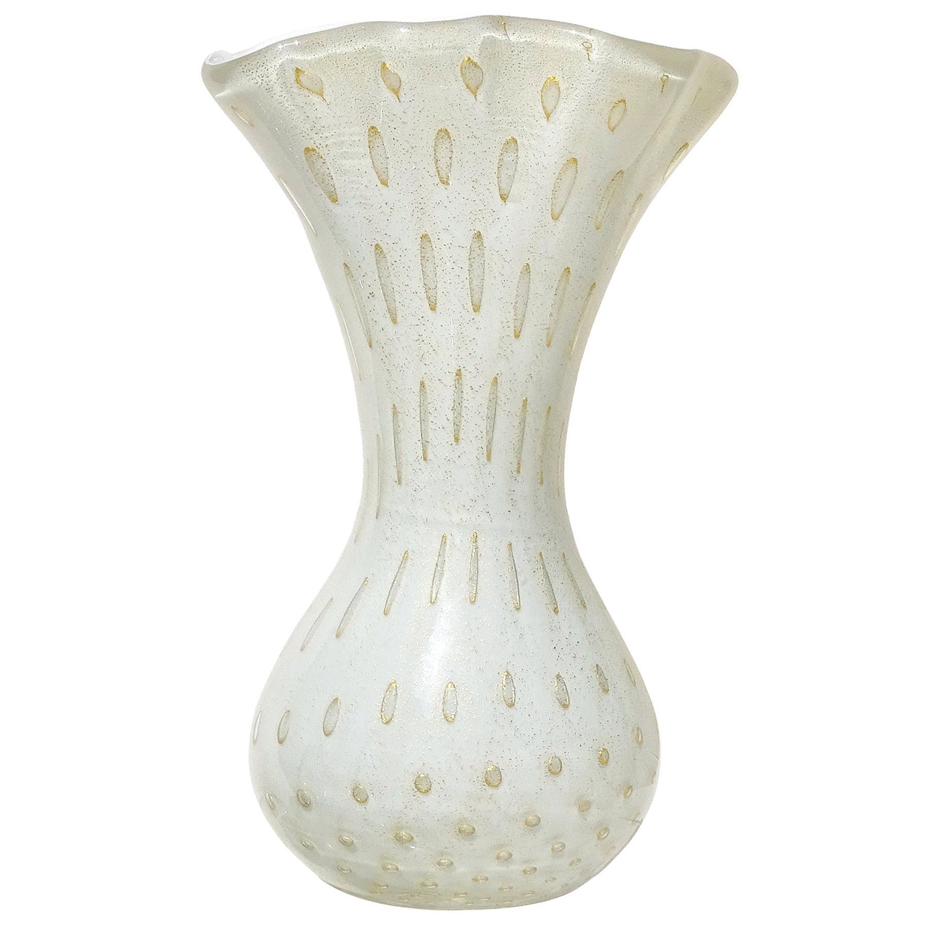 Barbini Murano Vintage White Gold Flecks Italian Art Glass Fan Rim Flower Vase For Sale