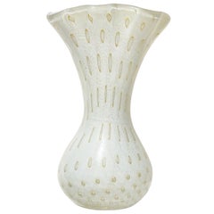 Barbini Murano Vintage White Gold Flecks Italian Art Glass Fan Rim Flower Vase