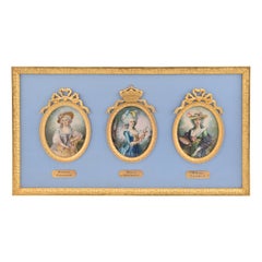 Frame with three miniatures; Marie Antoinette, etc. 19th century.