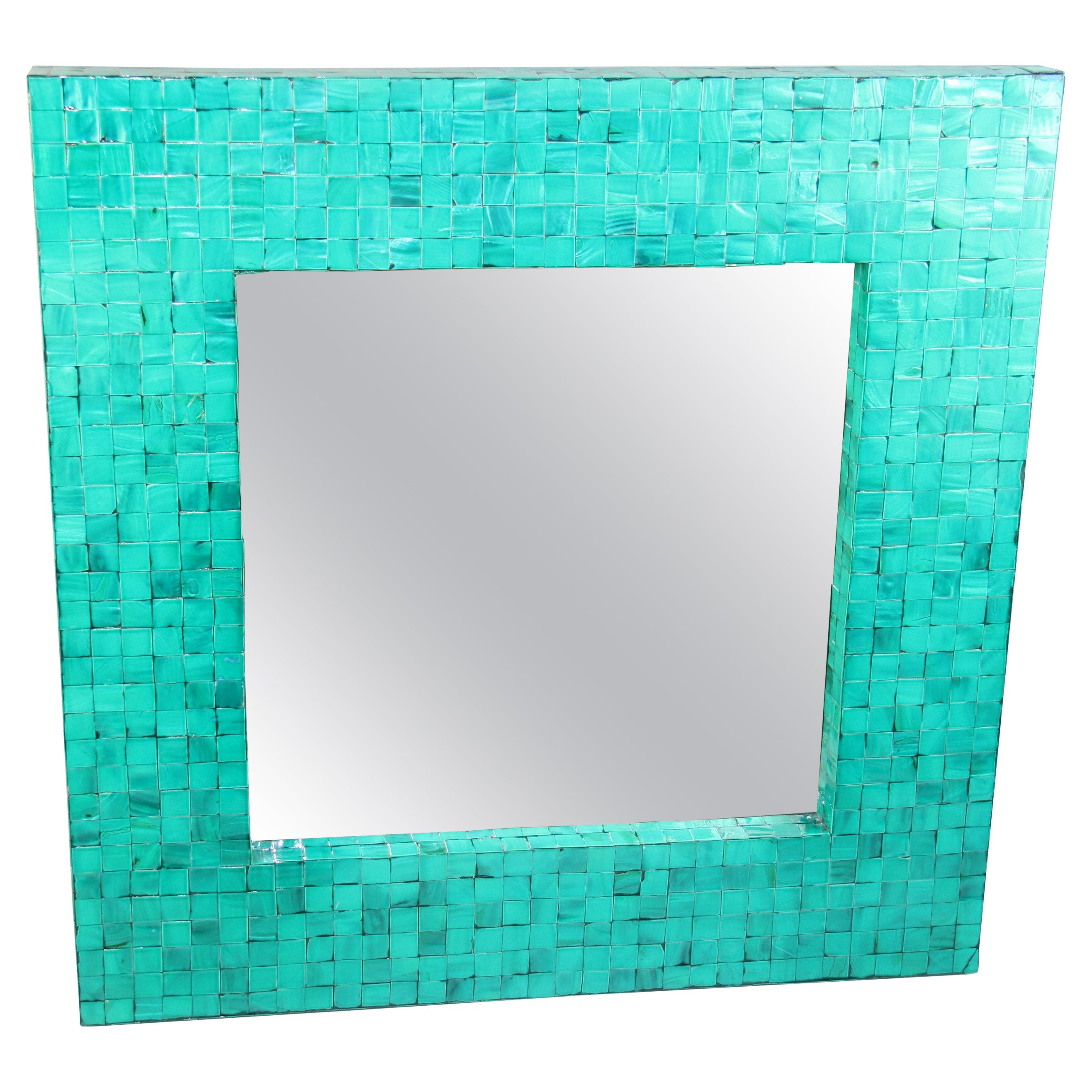 French Turquoise Green Tiled Beveled Glass Mirror 1970's For Sale