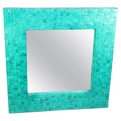 French Turquoise Green Tiled Beveled Glass Mirror 1970's