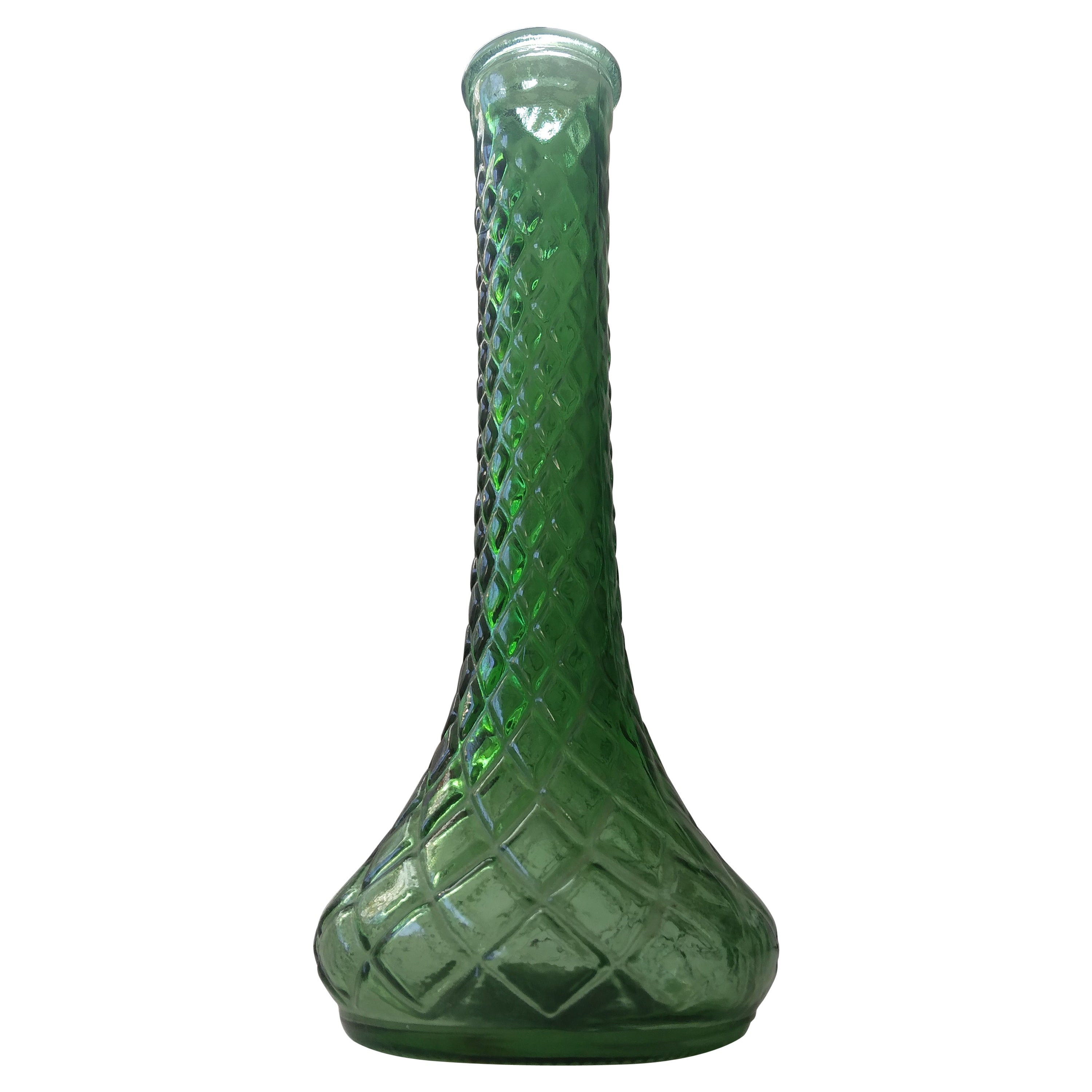 Vintage Diamond Patterned Green Glass Bud Vase For Sale