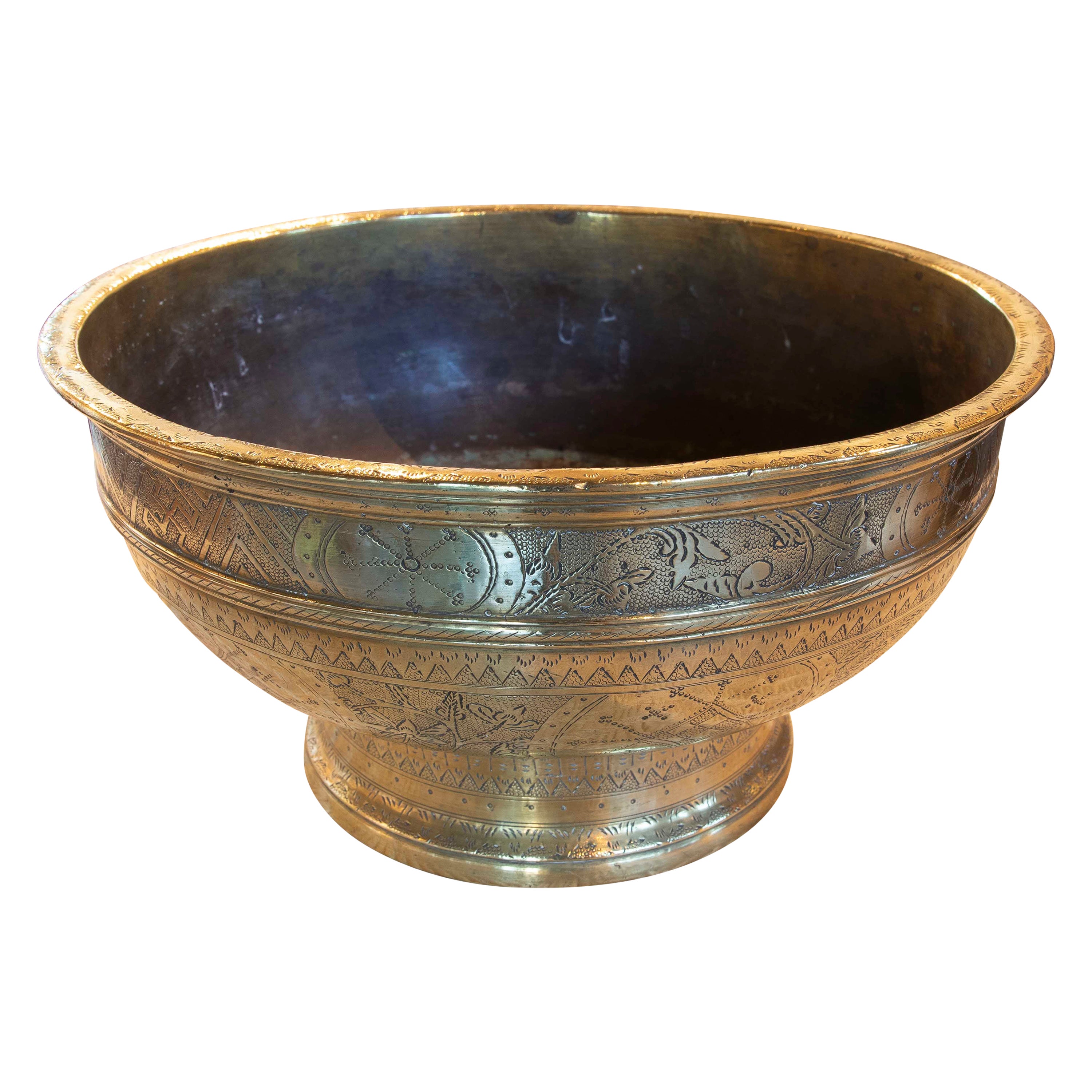 Hand-Carved Bronze Container with Flower and Geometrical Decorations For Sale