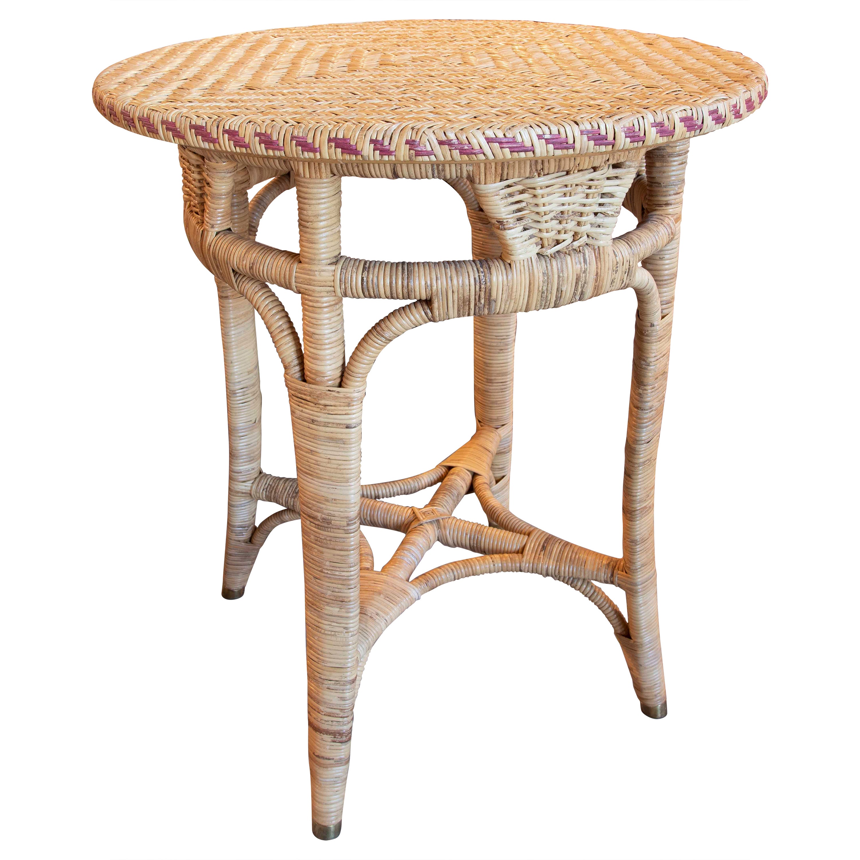 Handmade Round Wicker Side Table with brown Border  For Sale