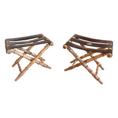 Pair of Wooden Folding Chairs Imitating Bamboo with Initials on the Fabric