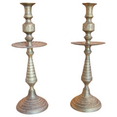 Vintage 1970s Pair of Candlesticks with Carved Brass Decoration 