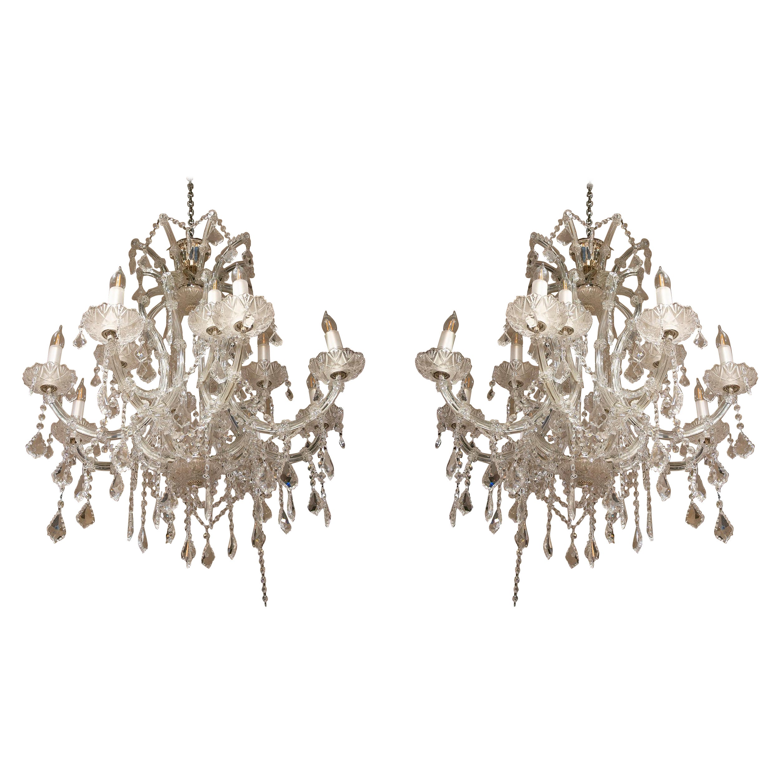 French Style Pair of Crystal Chandeliers with Arms For Sale