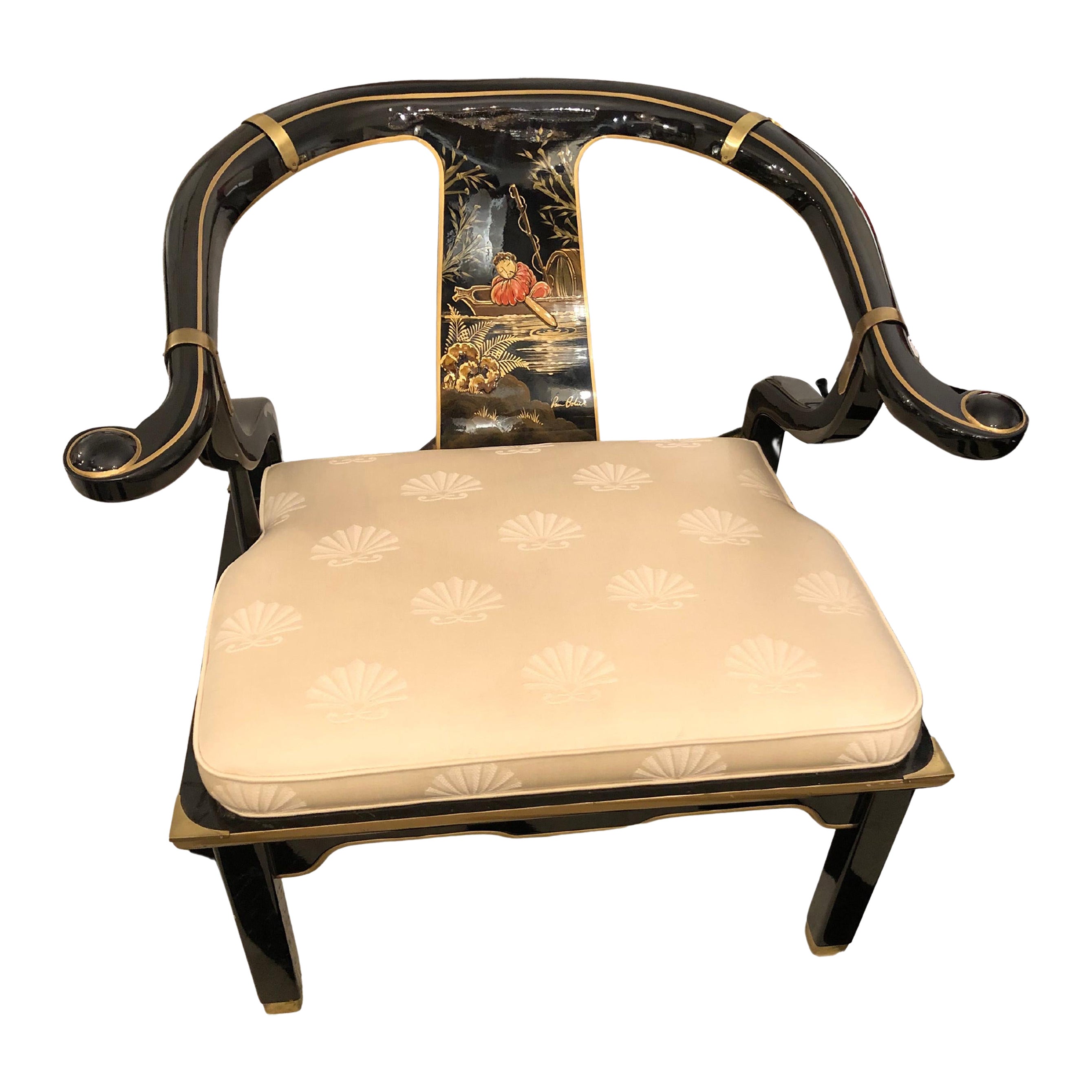 Pair of Chinoiserie Black Lacquer Armchairs in the Manner of James Mont For Sale