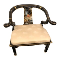 Vintage Pair of Chinoiserie Black Lacquer Armchairs in the Manner of James Mont