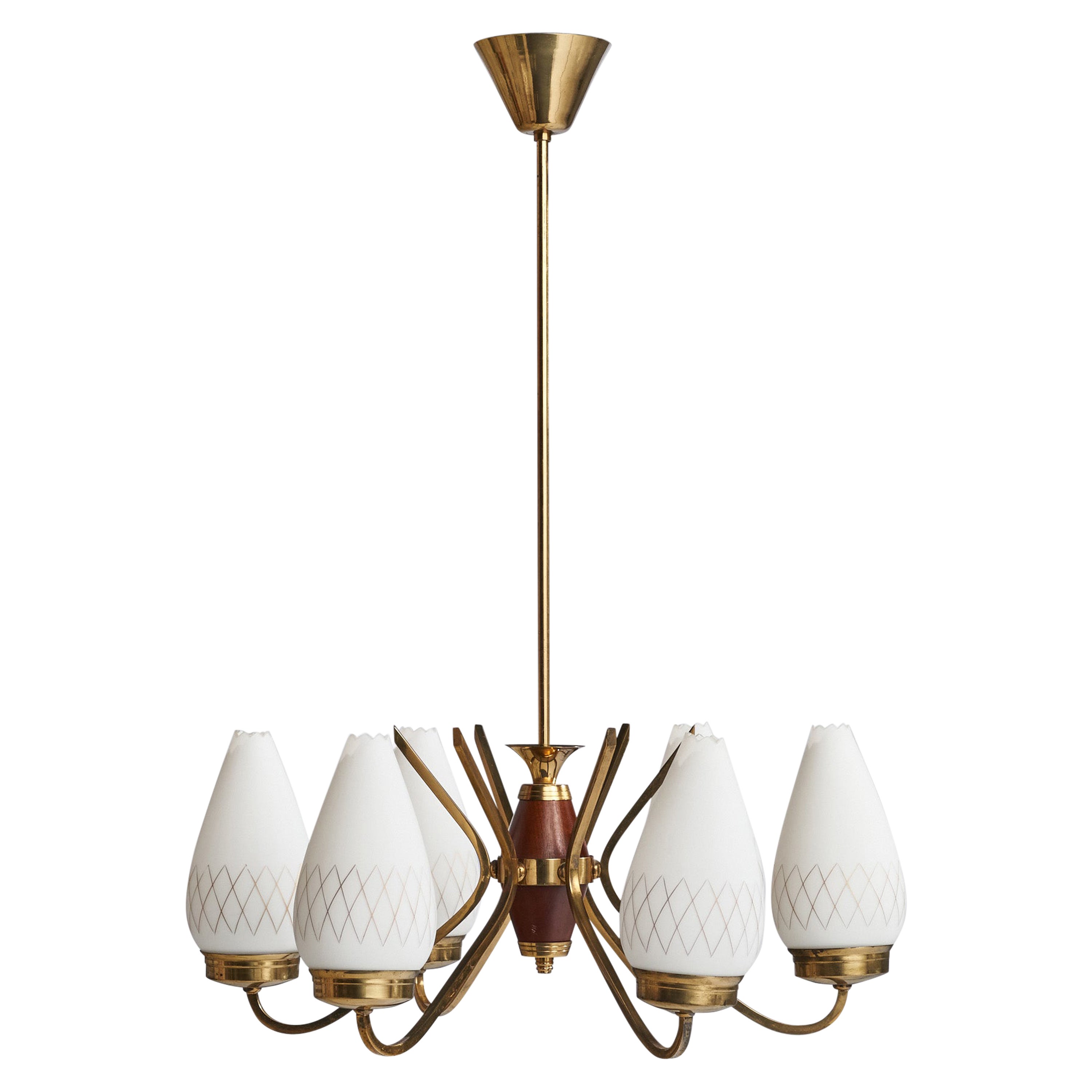 Swedish Designer, Chandelier, Brass, Teak, Glass, Sweden, 1950s For Sale