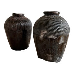 Used Pair of Chinese glazed 17th-century ceramic rice wine storage pots 