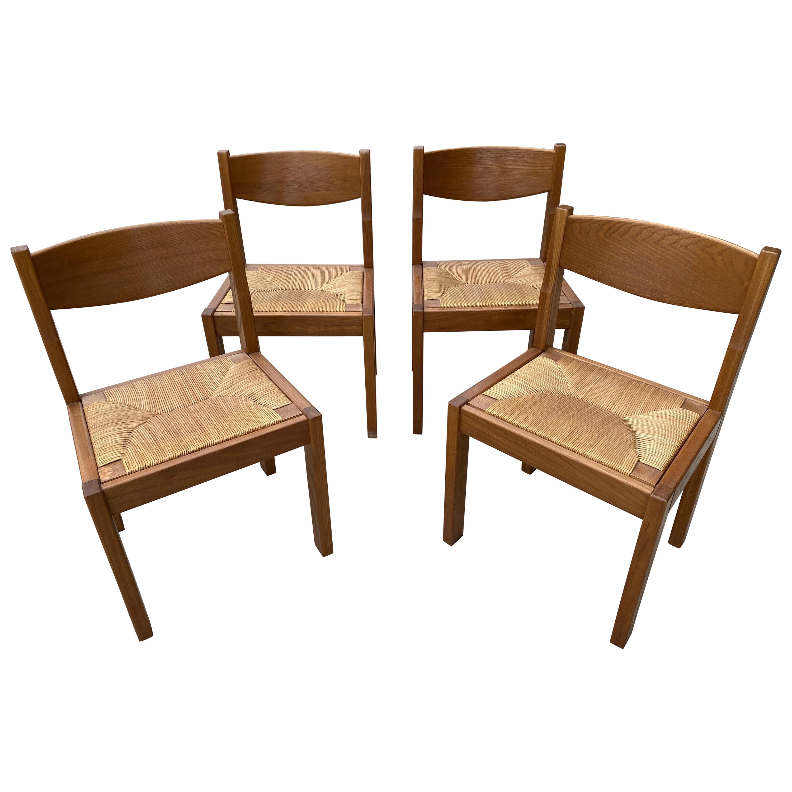 Set of 4 Maison Regain Solid Elm Rush Dining Chairs, France, 1970s For Sale