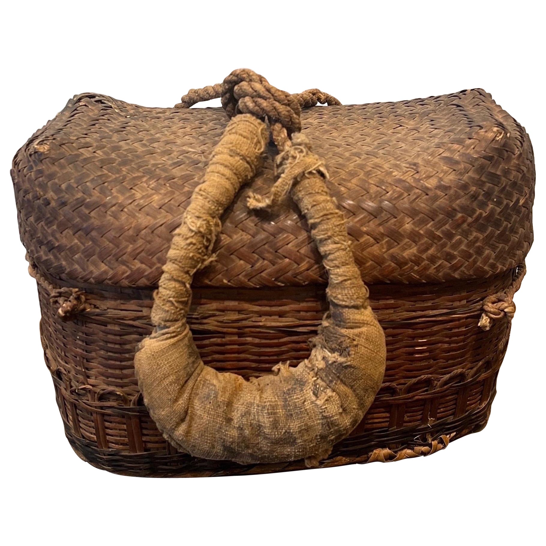 Antique Hand Woven Chinese Covered Basket With Cloth Handle For Sale